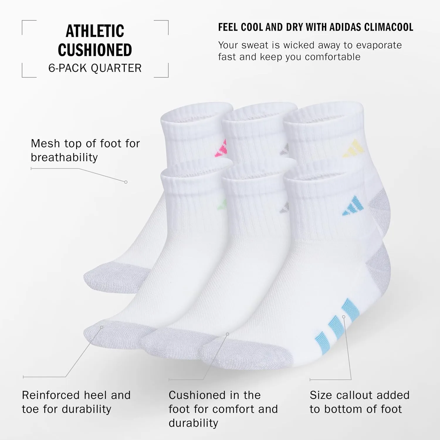 adidas Unisex-Kid's Athletic Cushioned Quarter Socks (6-Pair) for Boys and Girls, Above The Ankle Fit, Durable Fabric