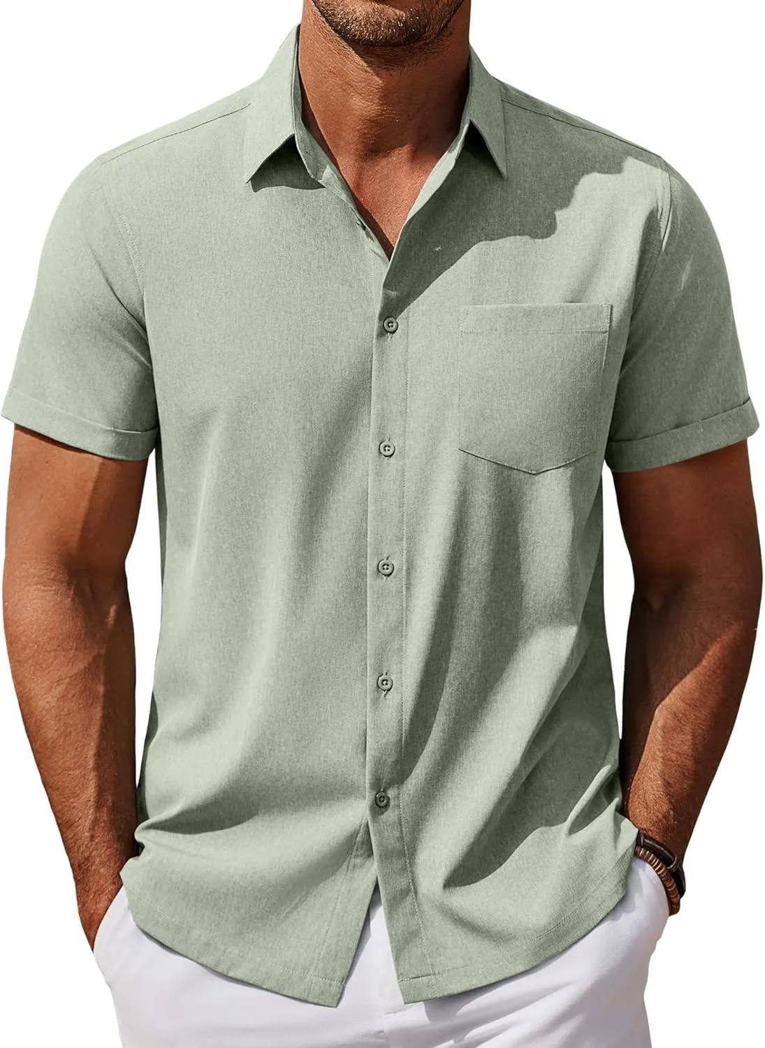 COOFANDY Mens Cool Button Down Shirt Short Sleeve Summer Beach Shirts Linen Texture Casual Shirts with Pocket