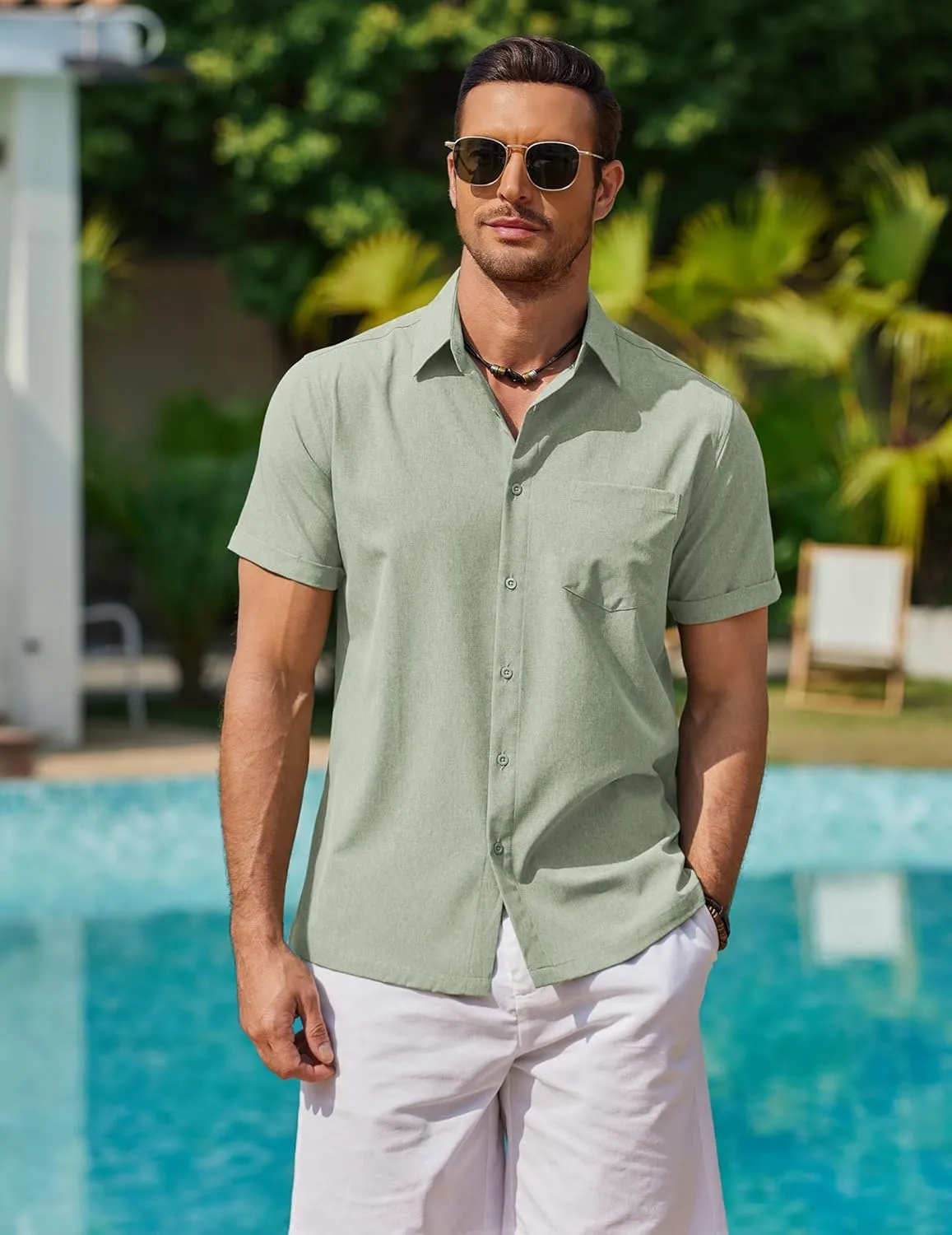 COOFANDY Mens Cool Button Down Shirt Short Sleeve Summer Beach Shirts Linen Texture Casual Shirts with Pocket