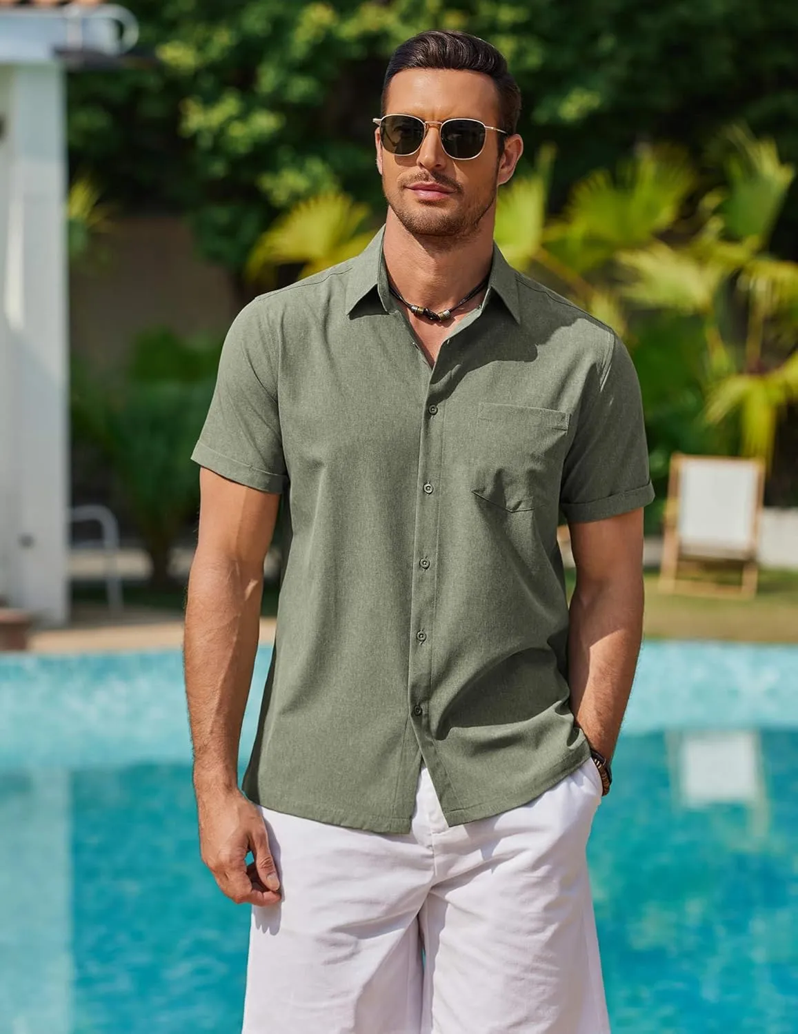 COOFANDY Mens Cool Button Down Shirt Short Sleeve Summer Beach Shirts Linen Texture Casual Shirts with Pocket