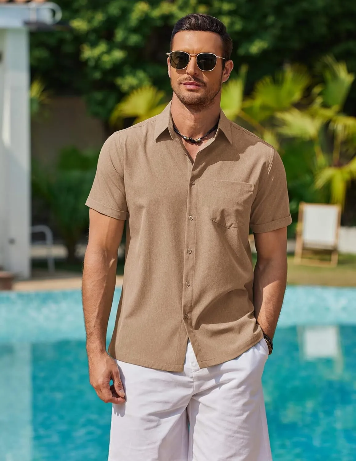 COOFANDY Mens Cool Button Down Shirt Short Sleeve Summer Beach Shirts Linen Texture Casual Shirts with Pocket