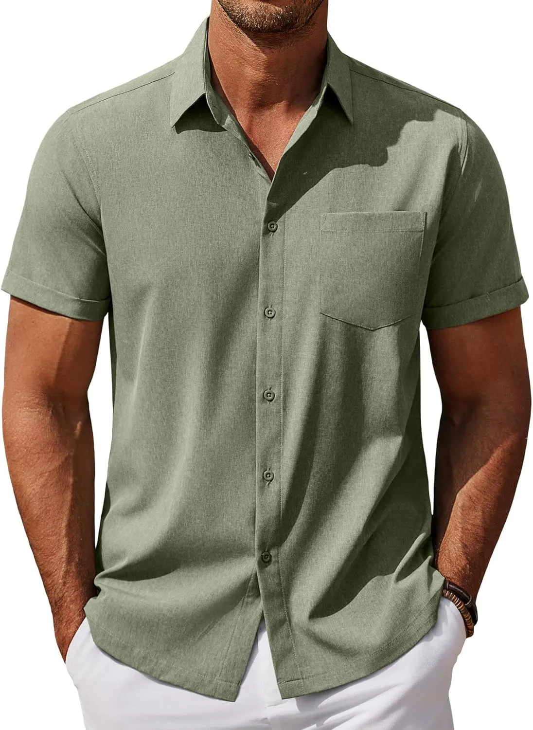COOFANDY Mens Cool Button Down Shirt Short Sleeve Summer Beach Shirts Linen Texture Casual Shirts with Pocket