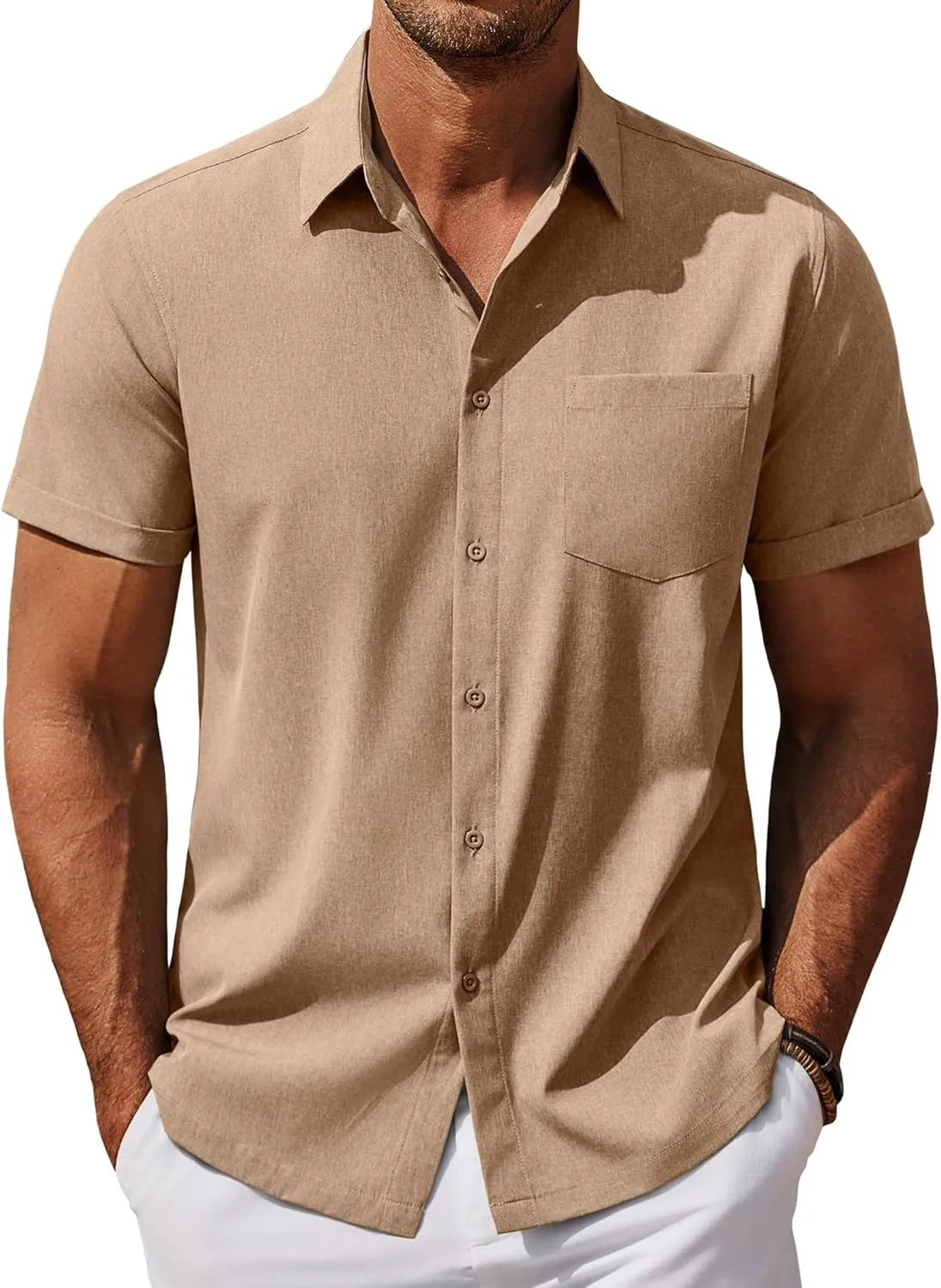 COOFANDY Mens Cool Button Down Shirt Short Sleeve Summer Beach Shirts Linen Texture Casual Shirts with Pocket