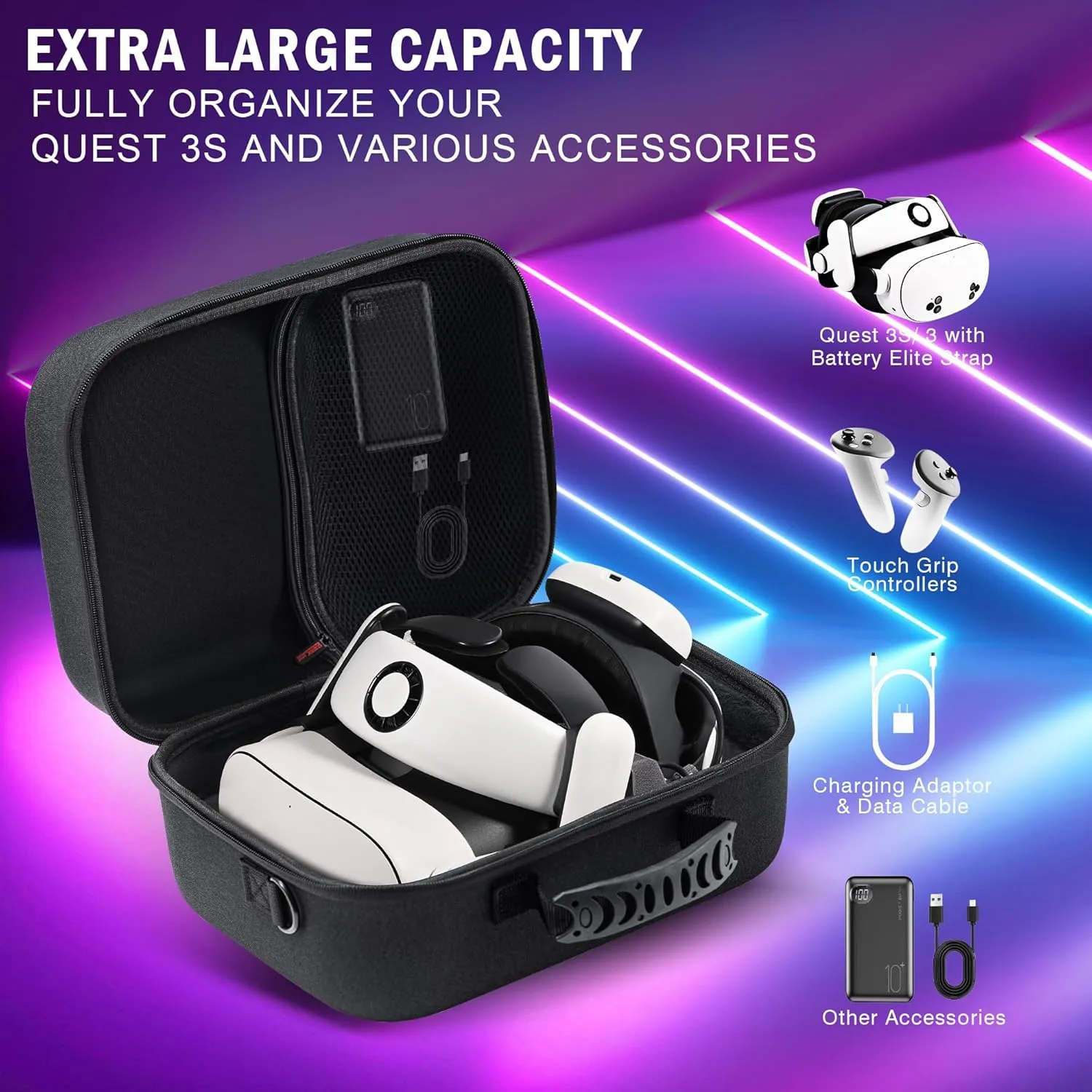 Large Carrying Case for Meta Quest 3/ Quest 3S with Battery Strap, for BOBOVR S3 PRO Elite Head Strap, VR Storage Bag for Oculus Quest 3 Headset, Quest 3S Controllers, Adapter and Other Accessories