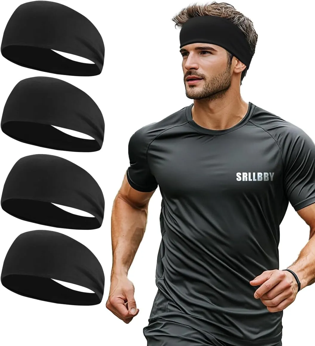 Sport Sweatbands for Men and Womem, 4 Pack, Summer Workout Headbands, Sweat Wicking Double-Layer Hairbands for Running