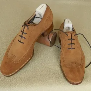 Stylish Men's Handmade Camel Color Suede Rounded Tow Brogue Dress Shoes